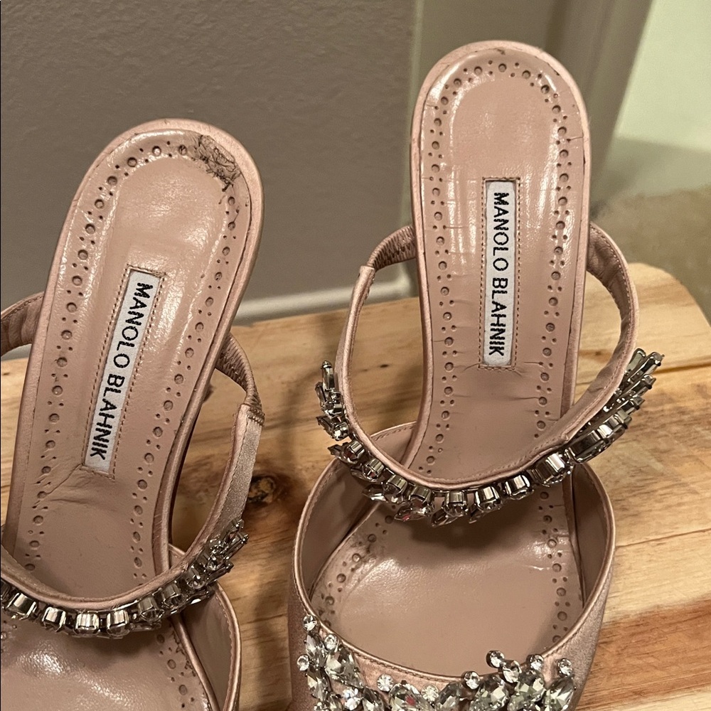 Manolo Blahnik Blush Pink Embellished Leather Mules - Picture 5 of 13